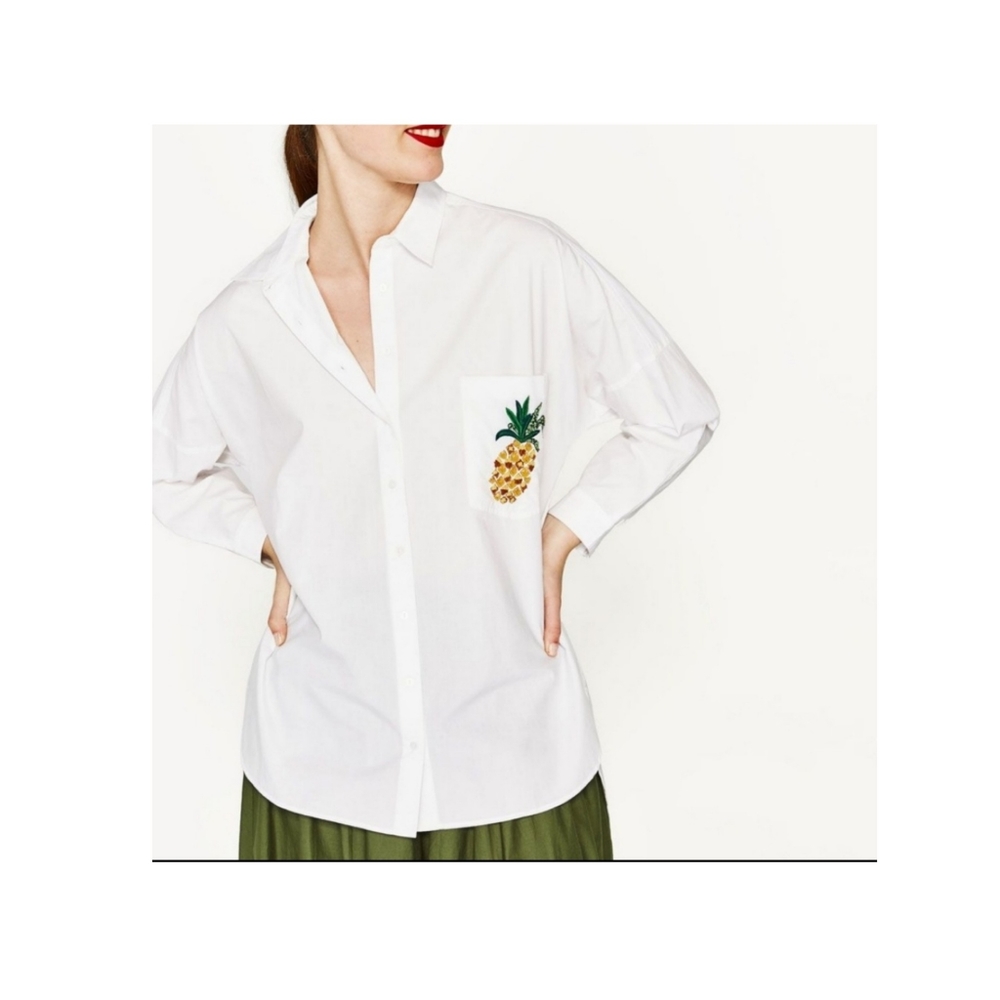 Nwt zara button down pineapple whit shirt